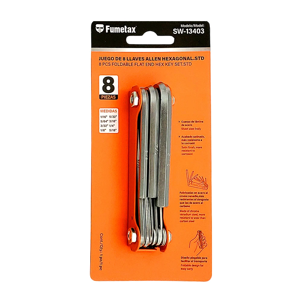 Juego de 8 llaves plegables hexagonales allen fumetax con acabado satinado y diversas medidas / sw-13403