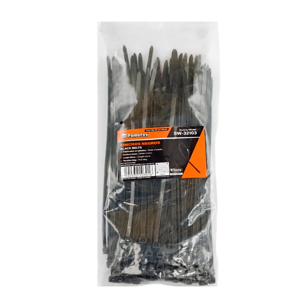 Paquete con 100 piezas de cinchos en color negro fumetax con largo de 20cm y ancho de 3.5mm /sw-32103