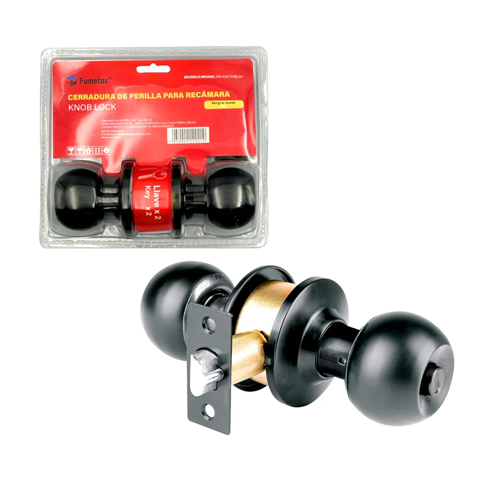 Cerradura fumetax de perilla color negro mate para recámara + juego de 2 llaves y accesorios / sw-53et01bl02