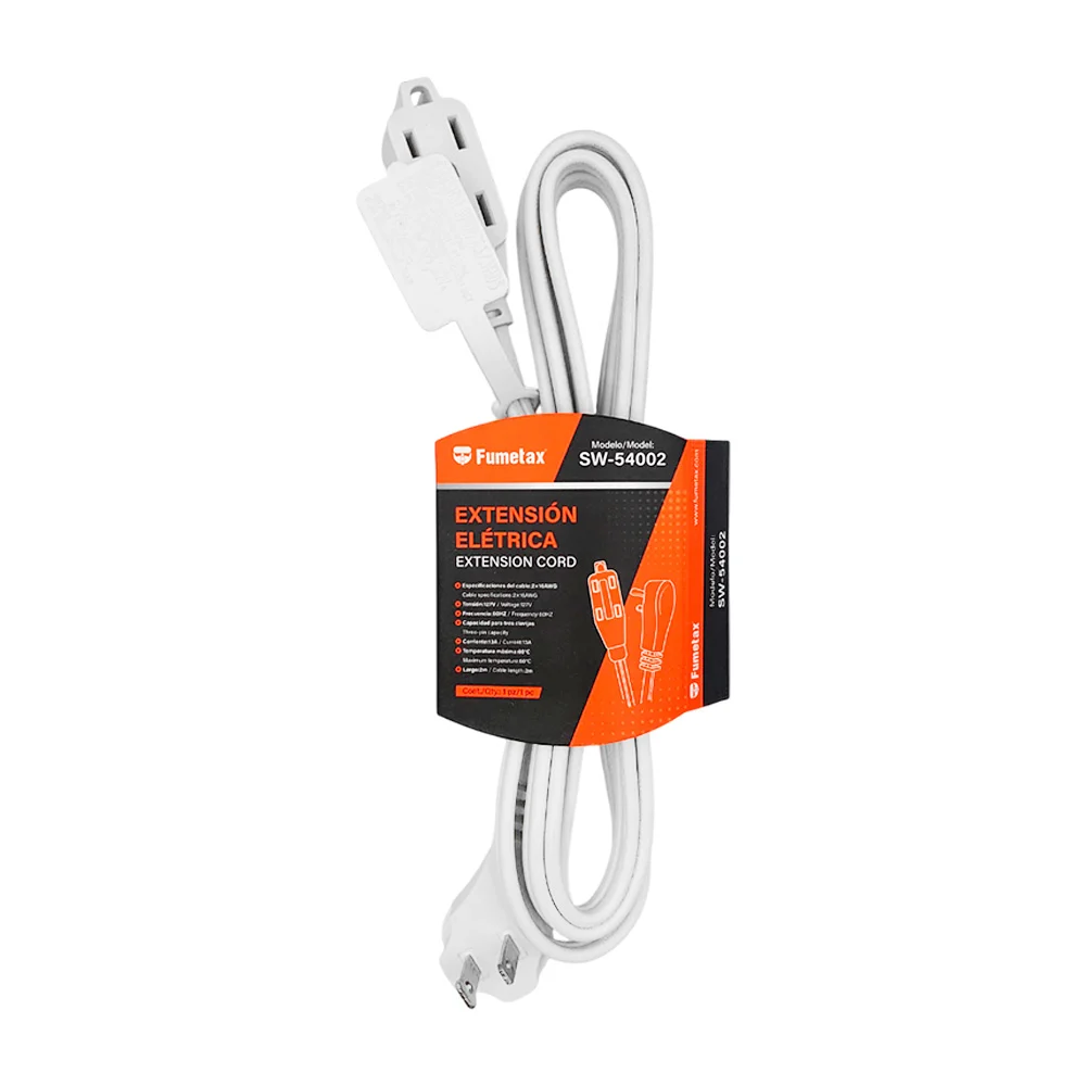 Extensión eléctrica fumetax de 2 metros, color blanco, con 3 tomacorrientes / sw-54002