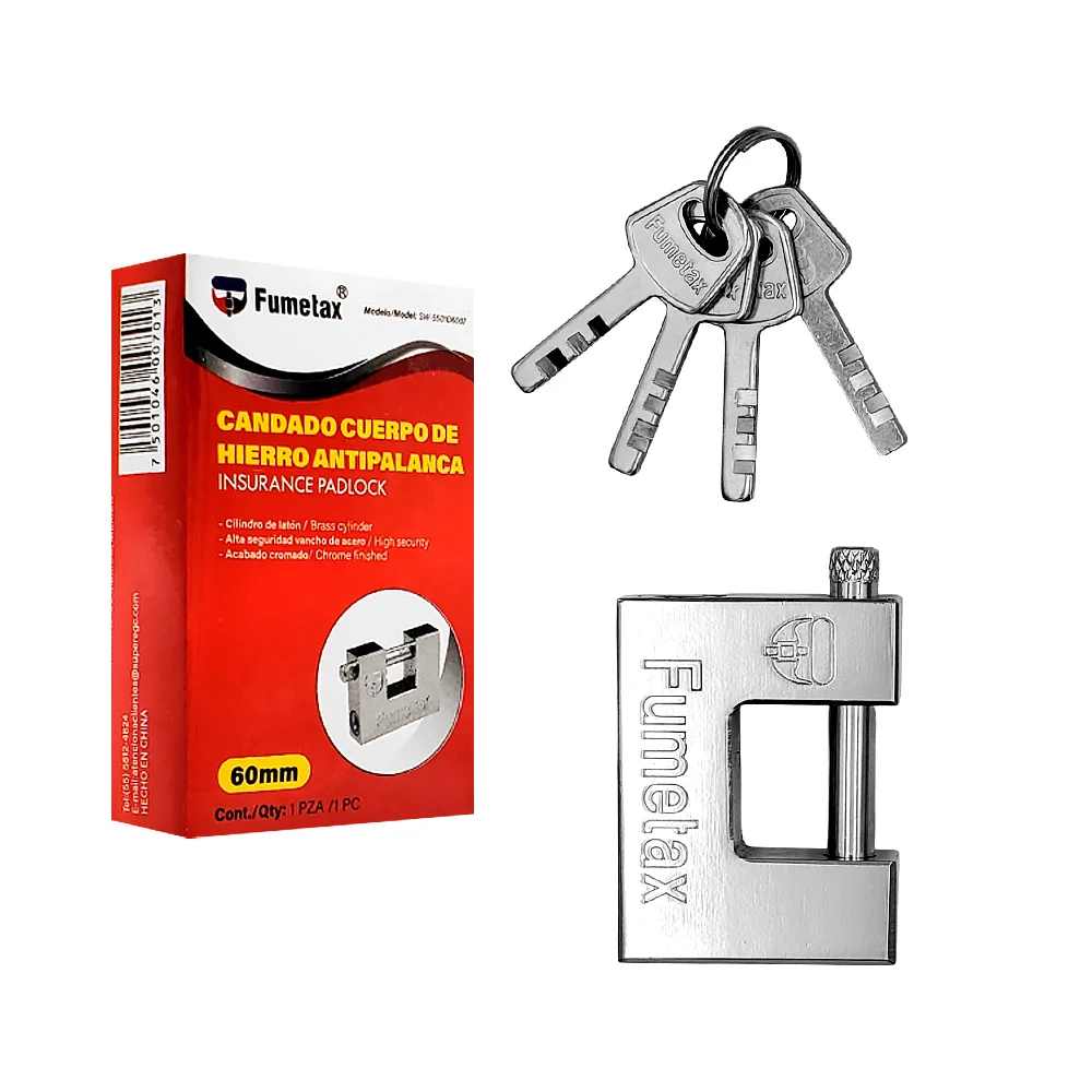 Candado de seguridad cuadrado 60mm con acabado cromado + juego de 4 llaves / fumetax / sw-5501d6007