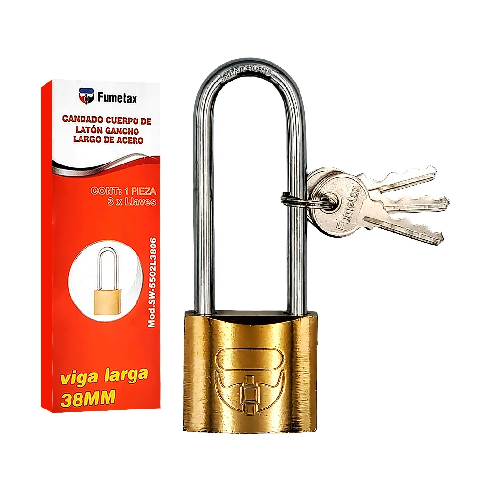 Candado de 38mm fumetax con cuerpo de latón y gancho largo + juego de 3 llaves / sw-5502l3806