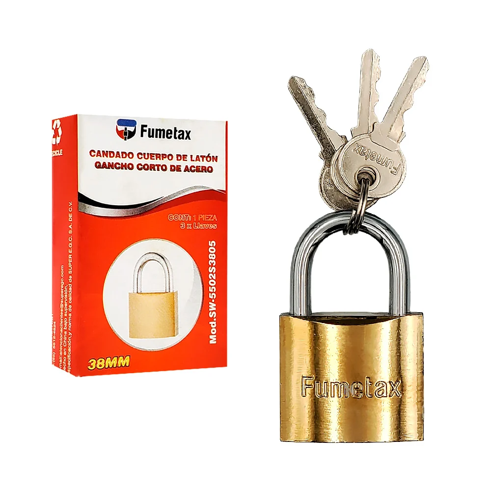 Candado pequeño de 38mm fumetax con cuerpo de latón y gancho corto + juego de 3 llaves / sw-5502s3805