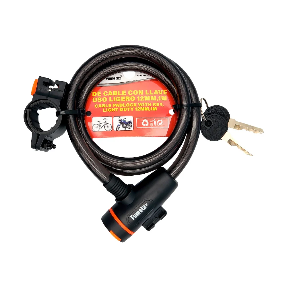 Candado fumetax con cable 12mm de ancho y 1 metro de largo para bicicleta + juego de 2 llaves / sw-81460212