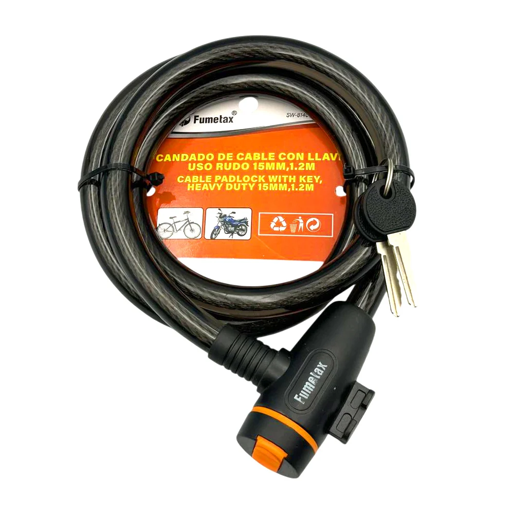Candado fumetax con cable 15mm de ancho y 1.2 metros de largo para bicicleta + juego 2 llaves / sw-81460315