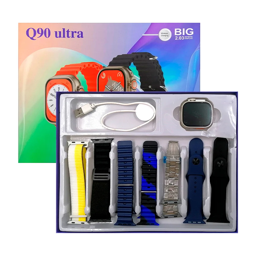 Smart watch reloj inteligente q90 ultra con pantalla cuadrada + 7 correas de plástico intercambiables y cargador magnético, variedad de colores / t-507