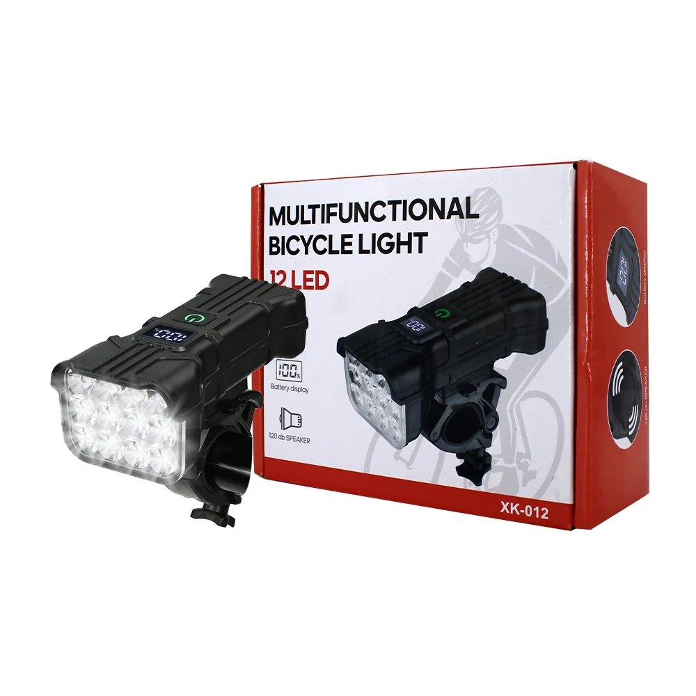 Lámpara delantera de luz led recargable con indicador de batería para manubrio de bicicleta / multifunctional bicycle light / xk-012 / ze-1619