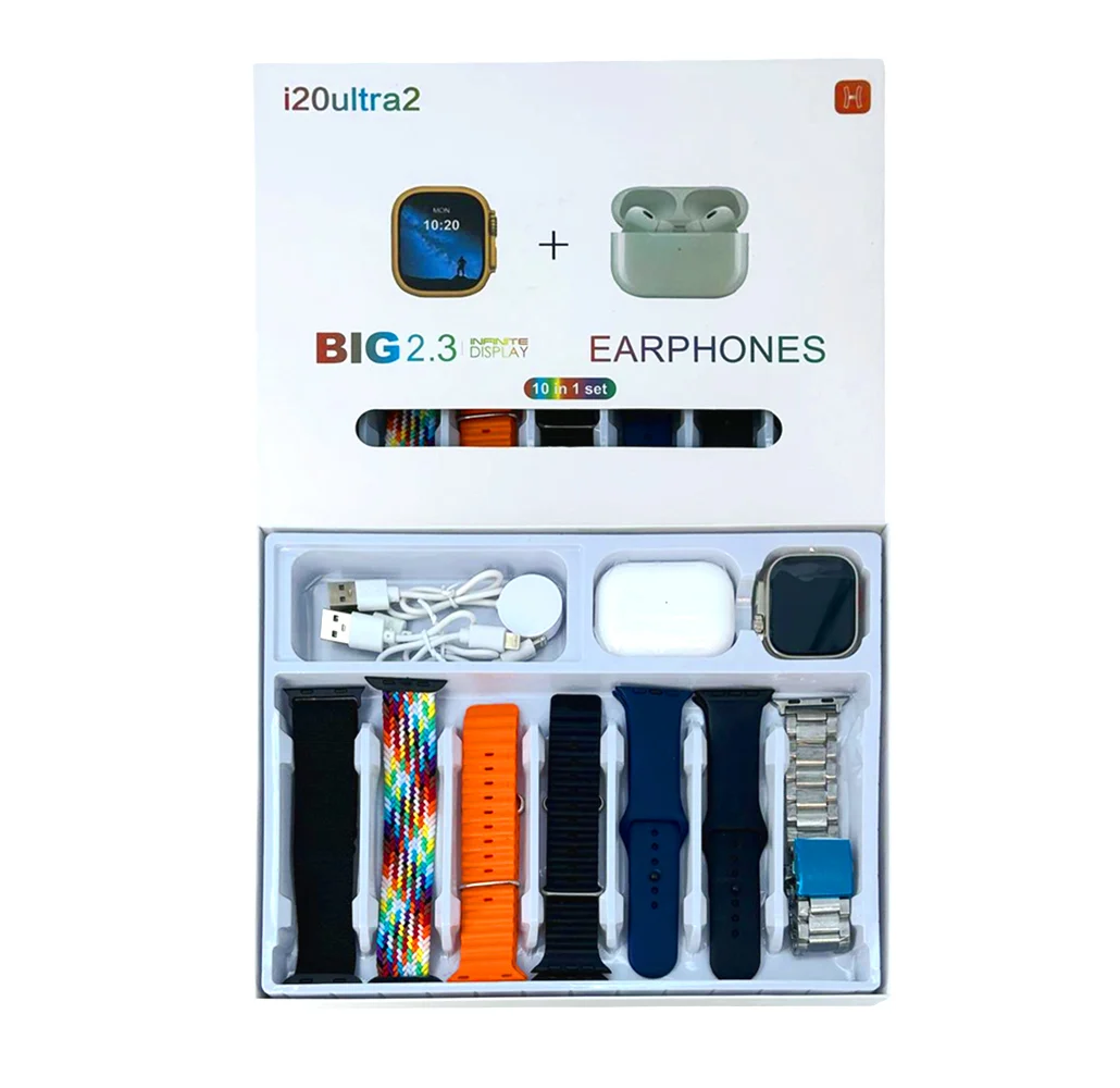 Set de reloj smart watch 10 en 1 con 7 correas intercambiables + audífonos bluetooth con estuche de carga, cargador magnético y 2 cables usb-lightning / 10 in 1 set / t-701
