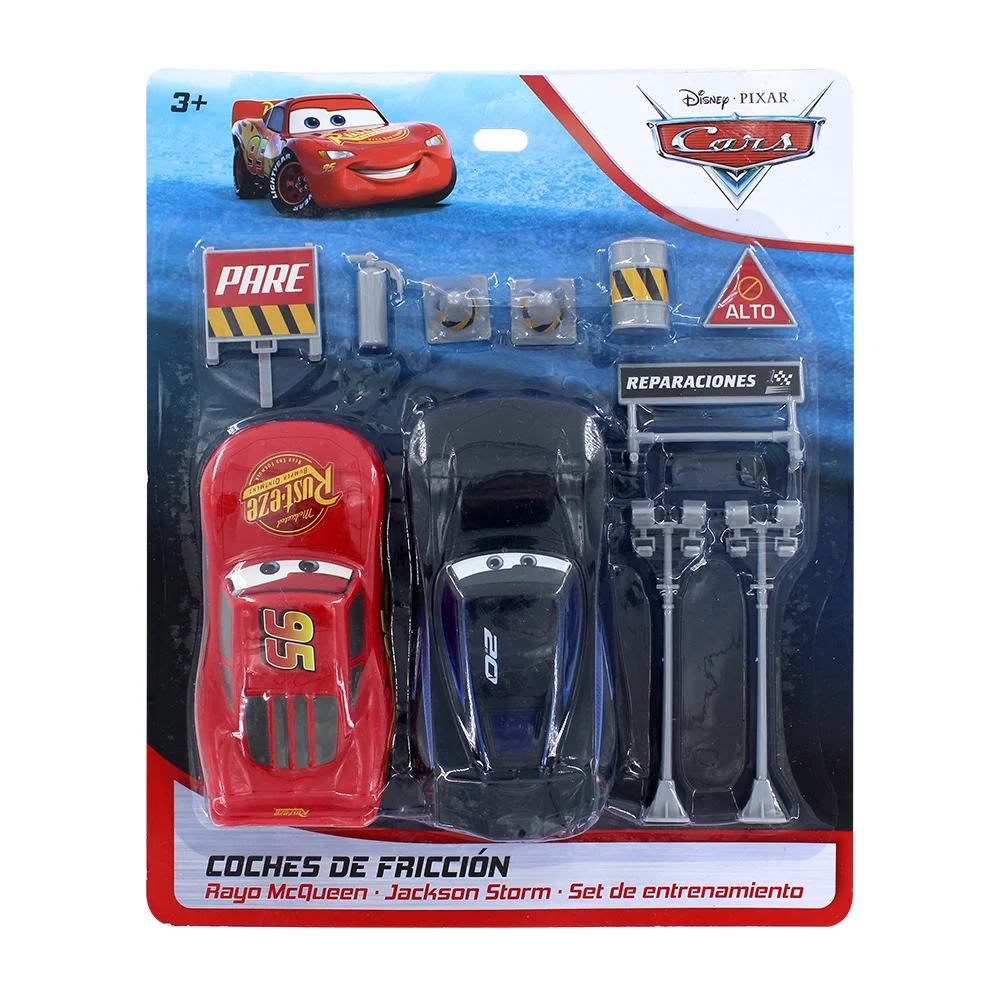 Par de carros de fricción con accesorios de autopista y diseño de cars / t363446