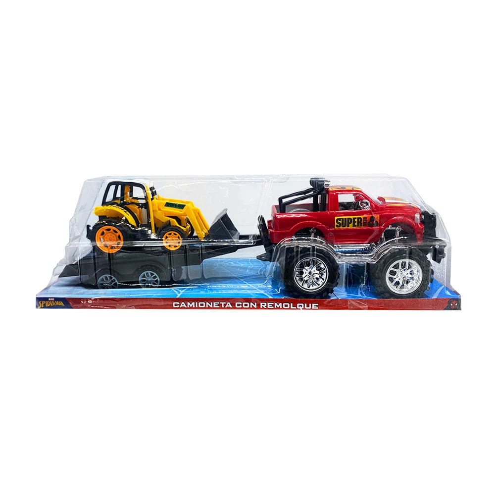 Juguete de camioneta con remolque y excavadora de plástico con calcomanías de spider-man / t378000