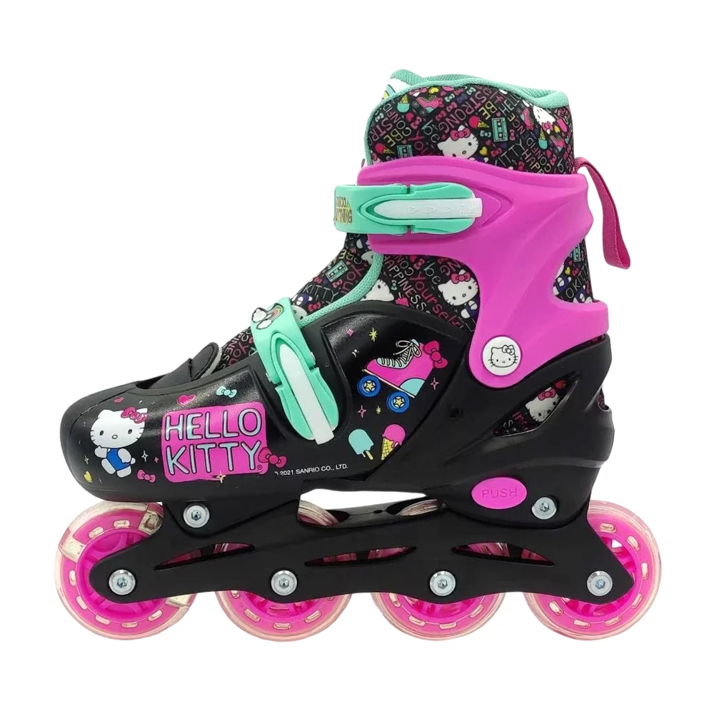 Par de patines infantiles de línea en talla 19-21 y 22-24cm, llantas con luz, broches de seguridad y estampado de Hello Kitty, variedad de diseños / t378056-b / sil-001383