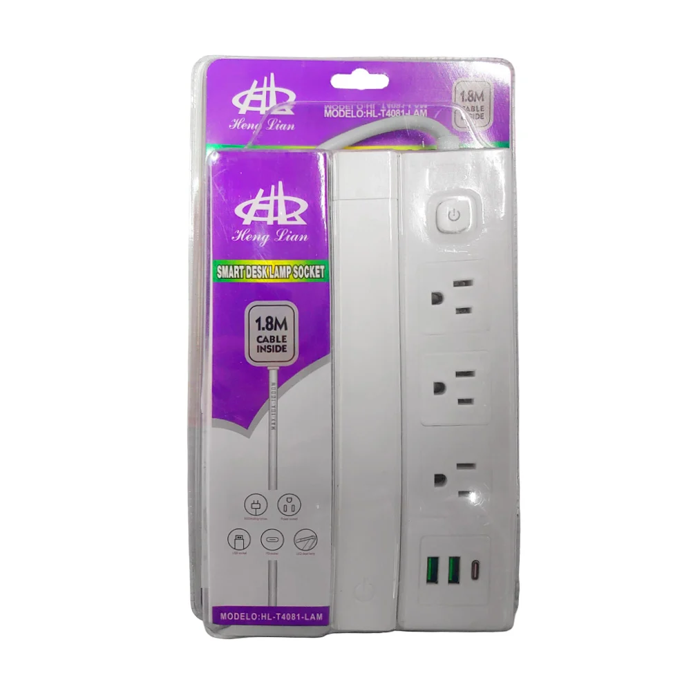 Barra multicontacto con 3 tomacorrientes, 2 puerto usb, puerto tipo c y lámpara led touch para escritorio / smart desk lamp socket / hl-t4081-lam / t4801-lam