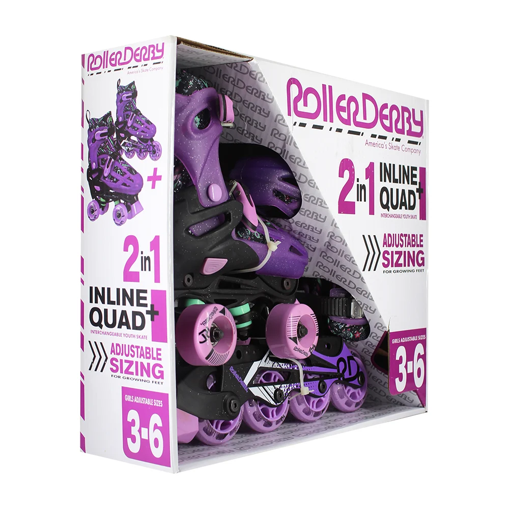 Par de patines Roller Derby de talla ajustable 2 en 1 con broches de seguridad, freno y ruedas intercambiables / Roller Derby americas skate company / ta249gm