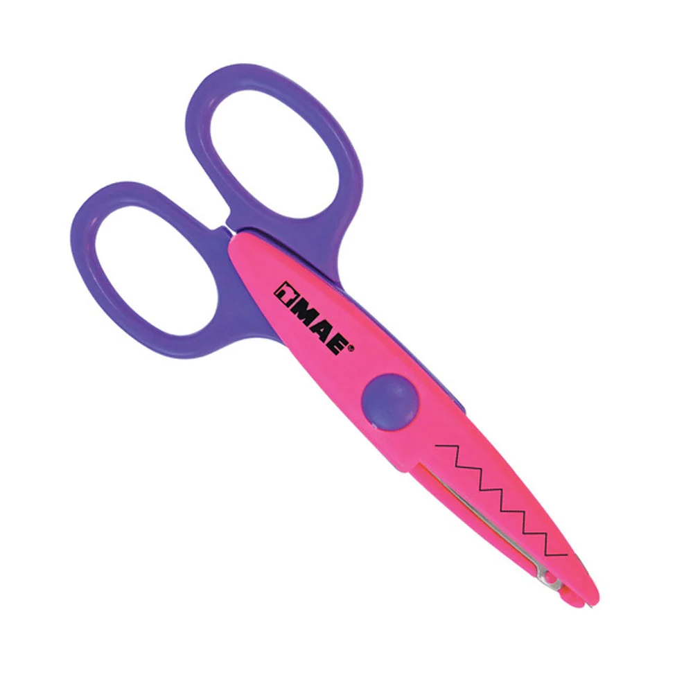 Tijeras escolares de plástico mae con corte zig zag para manualidades, variedad de colores / tcf-01