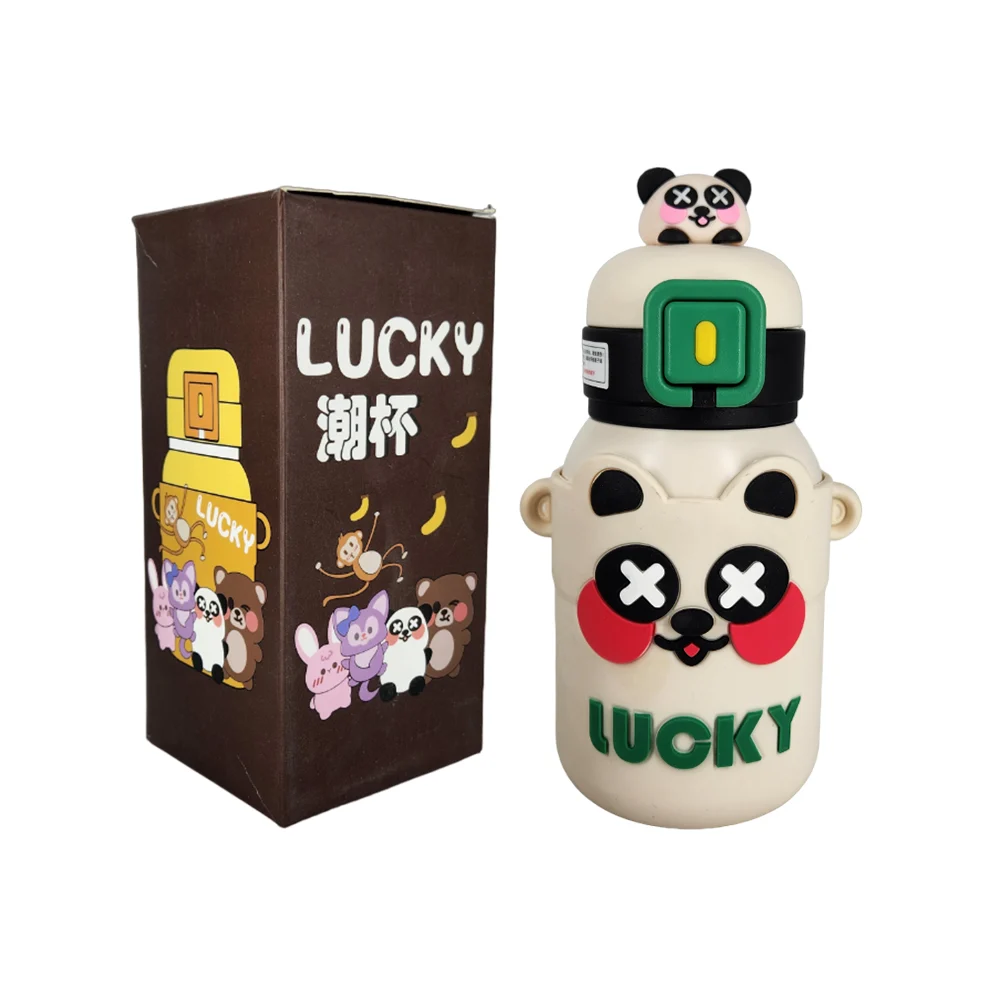 Termo metálico lucky 550ml diseño de animales kawaii con muñeco en la tapadera, correa, popote y recubrimiento de hule, variedad de modelos / wyb-2022-085