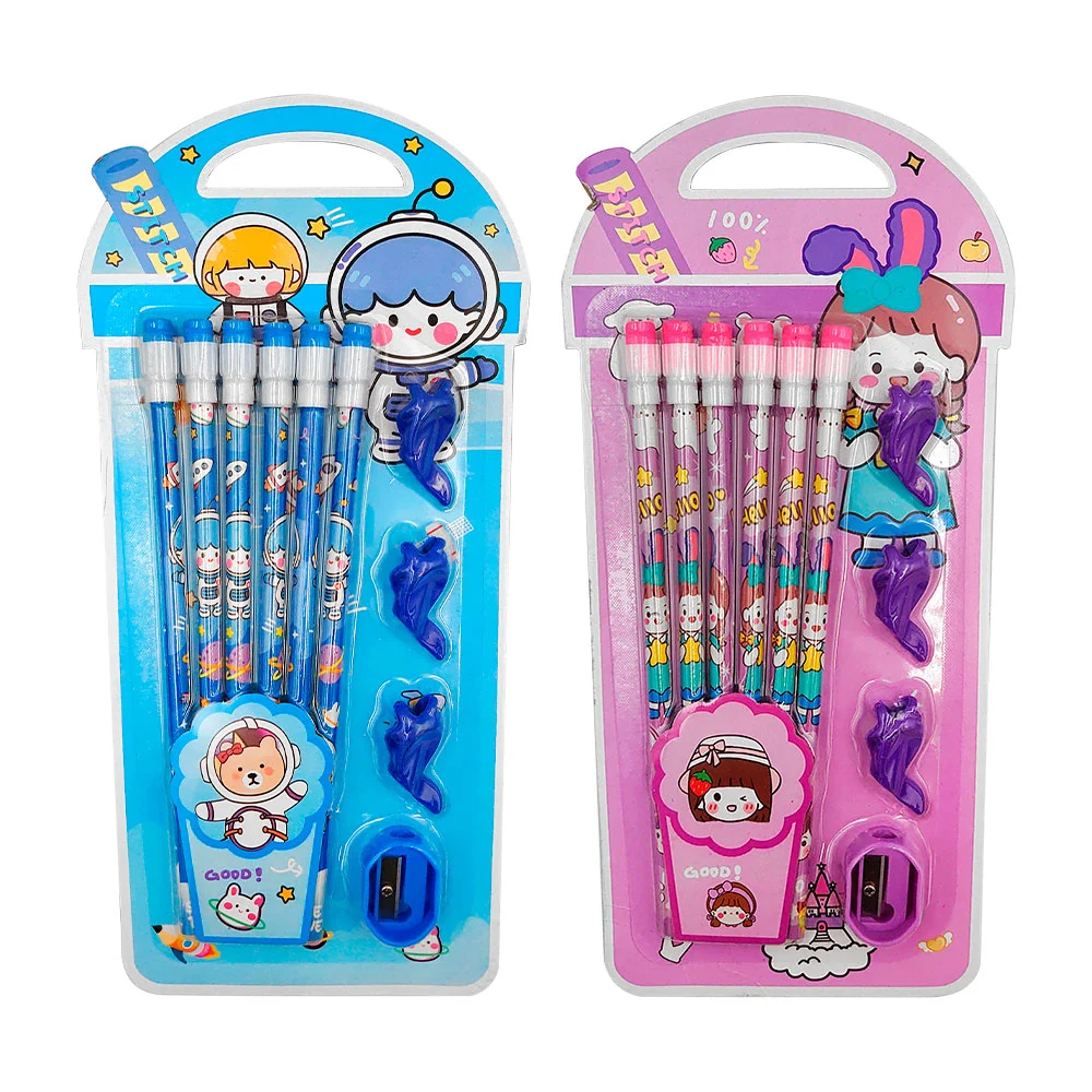 1pza Juego de papelería infantil con 6 lápices estampados, 3 agarralápices y 1 sacapuntas de plástico, variedad de modelos / good / stitch / titiko