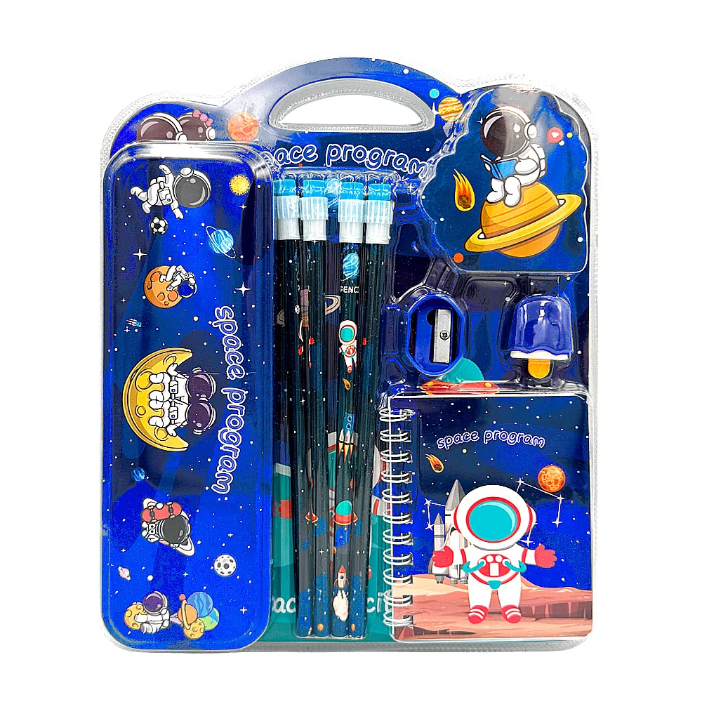 Kit de papelería con estuche lapicera, 4 lápices, mini libreta, sacapuntas y borrador con temática espacial - astronauta / tk-135tz / 6606 / space program / space pencil set