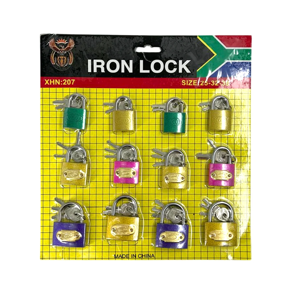 Blíster con 12 candados metálicos de colores + juego de 3 llaves, 25-32-38 / iron lock / tl34185