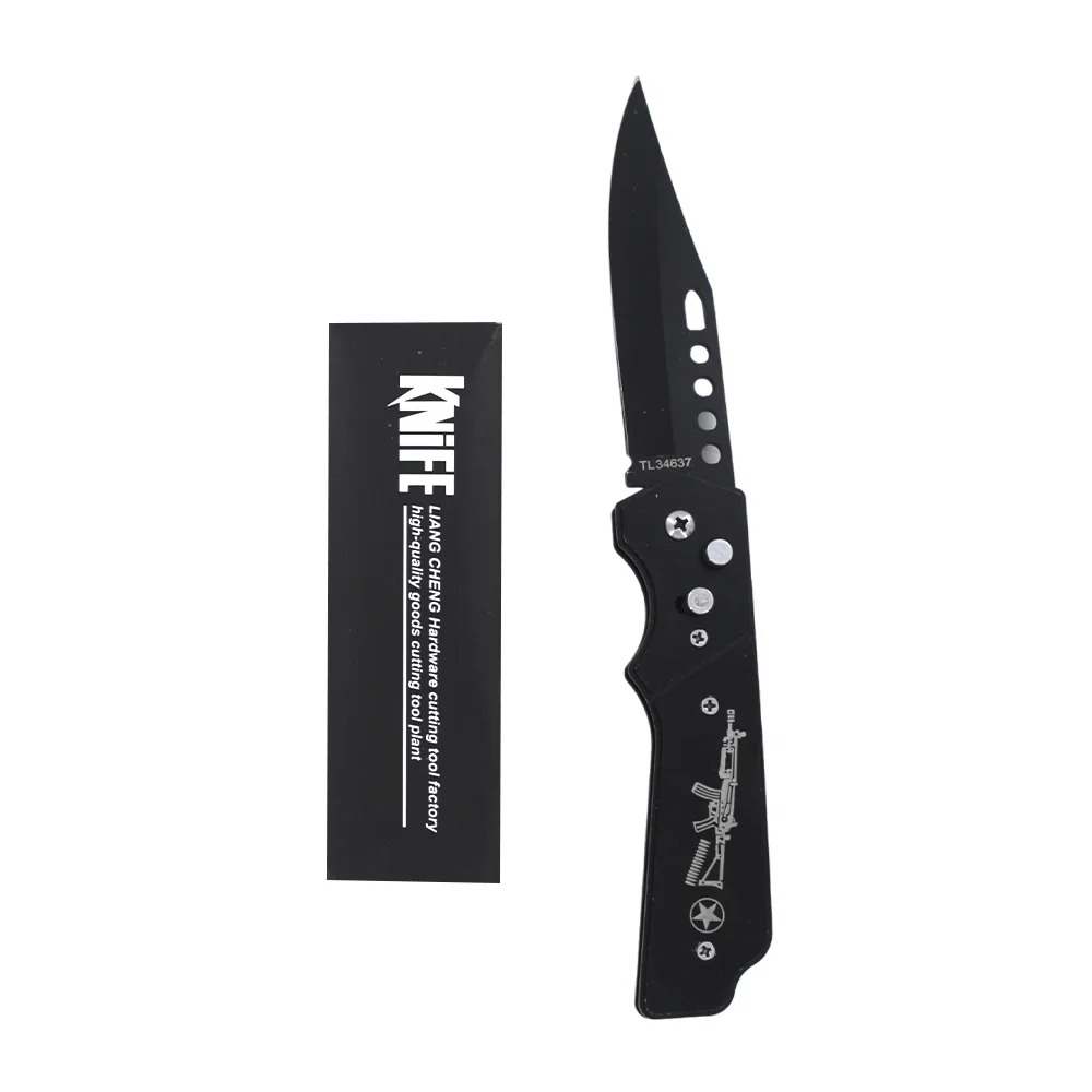Navaja táctica de acero inoxidable en color negro de 20cm con estampado de arma / stainless Steel knife / tl34637