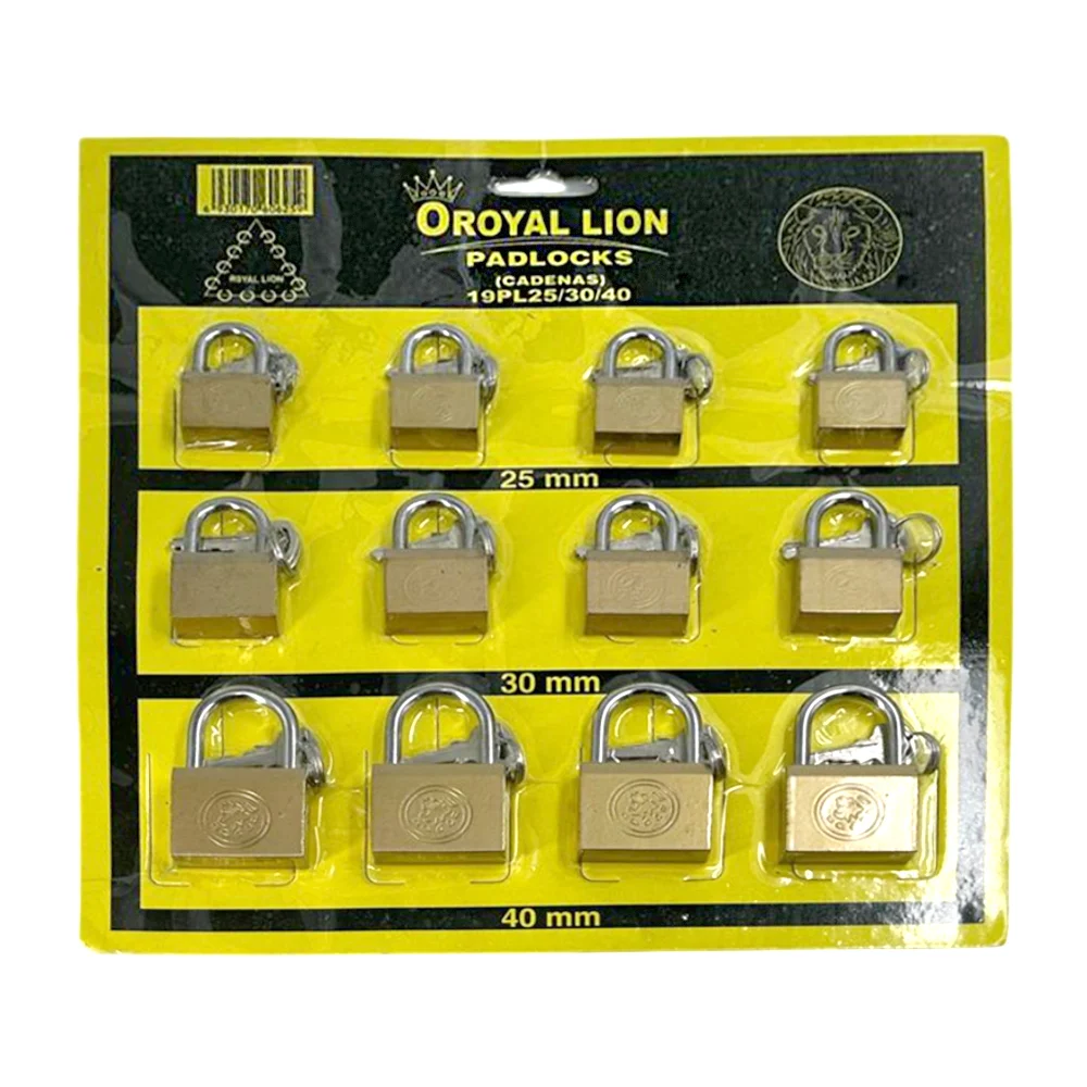 Blíster con 12 candados metálicos oroyal lion + juego de 2 llaves, 25mm-30mm-40mm / tl35254