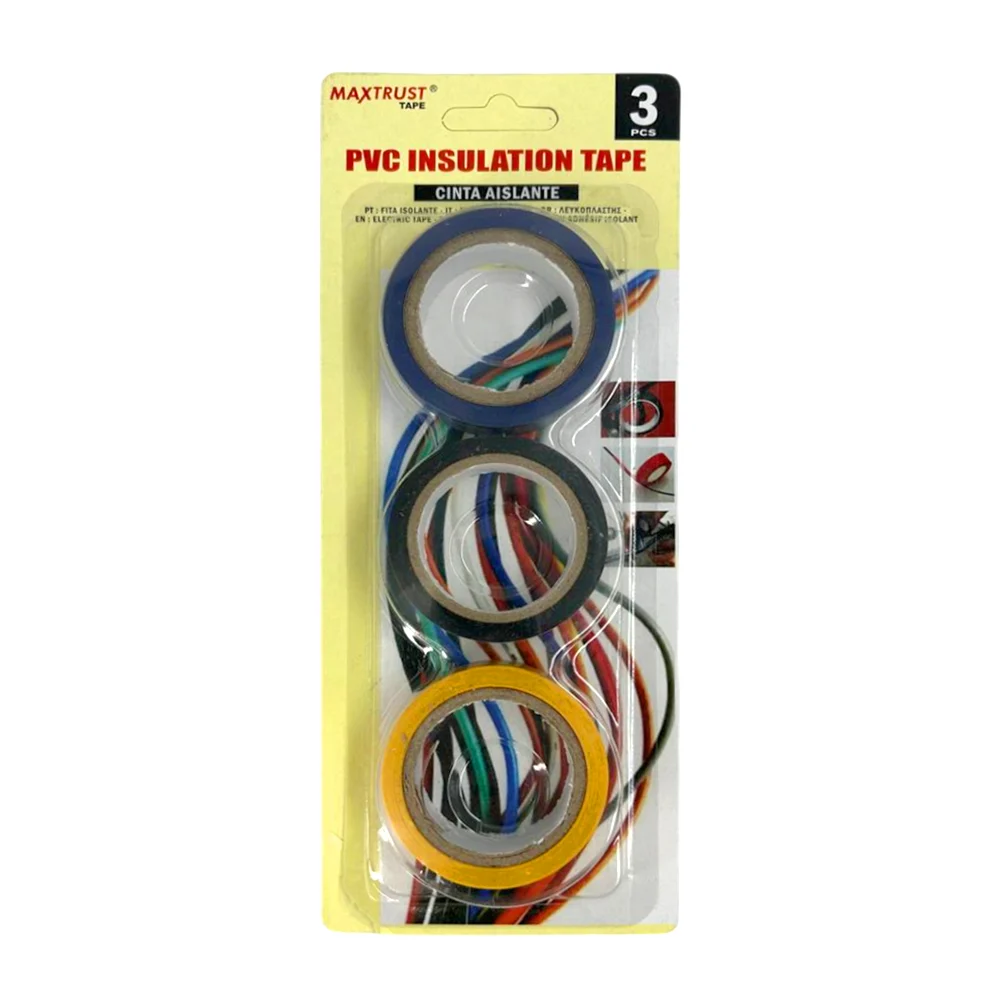 Blíster con 3 cintas aislantes de diversos colores, 1.7cm-0.13mm / maxtrust / tl35378