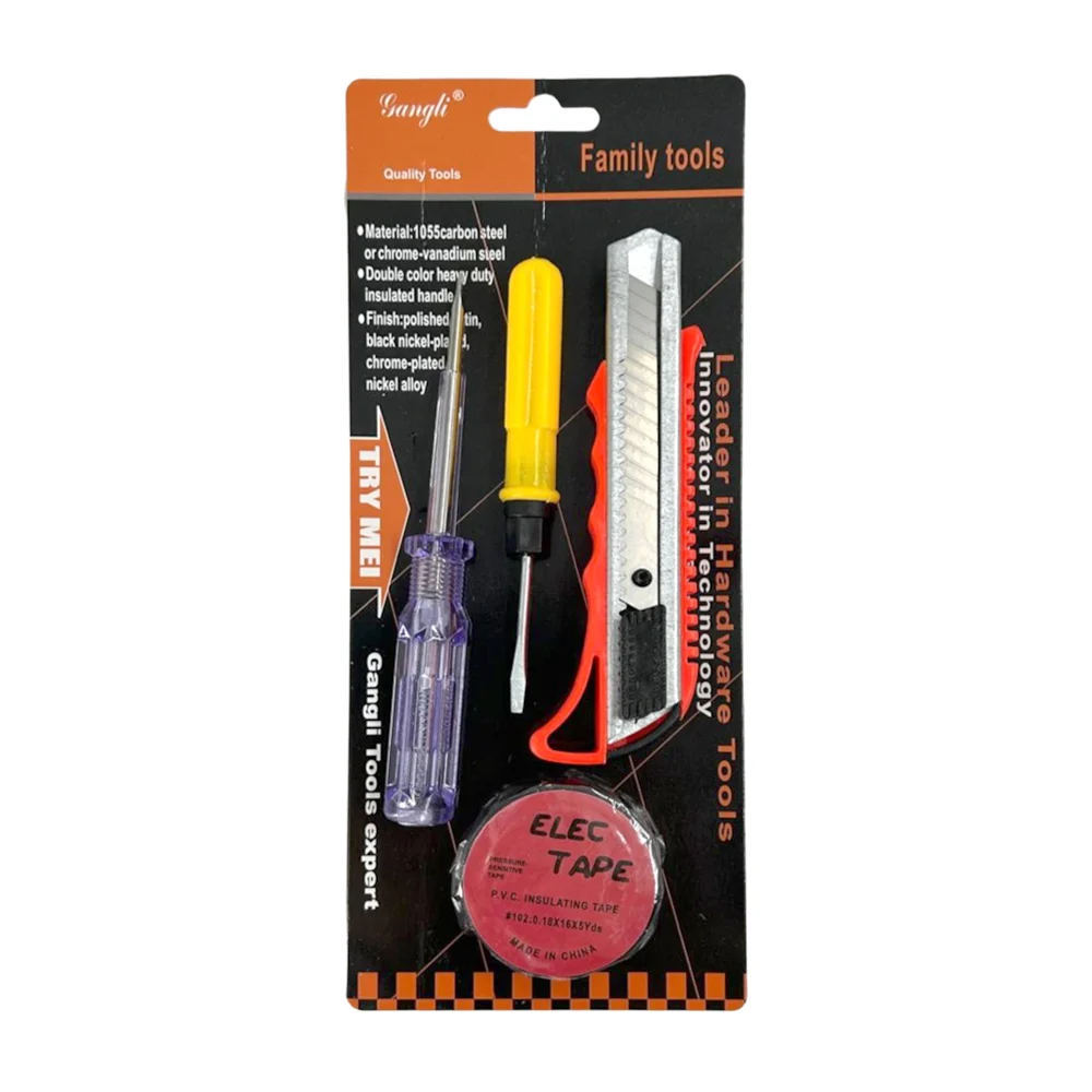 Set de 4 herramientas, 2 desarmadores, cutter y cinta aislante / family tools / tl35431