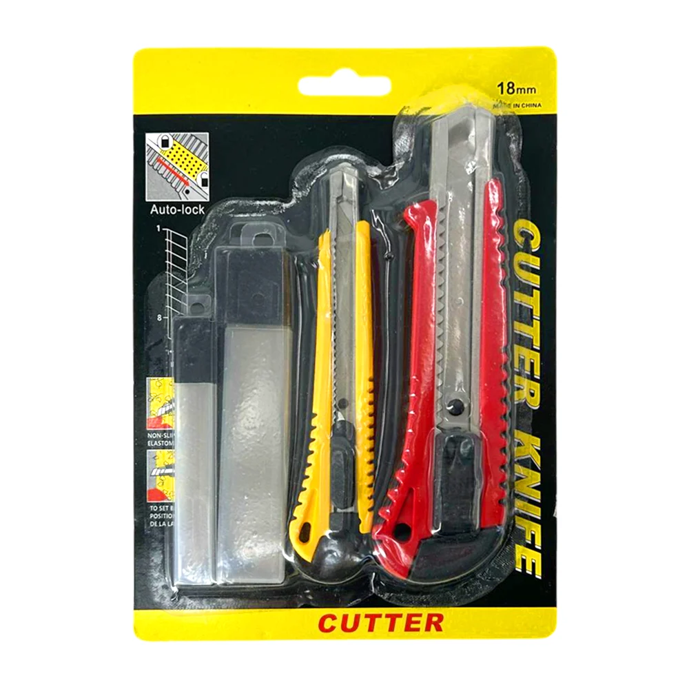 Blíster de 2 cutter de diversos tamaños + caja con navajas de repuesto, 18mm, variedad de colores / cutter knife / tl35535