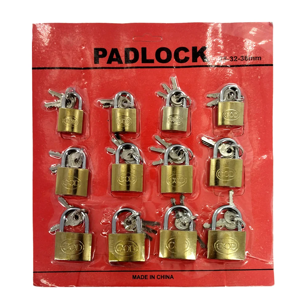 Blíster con 12 candados metálicos cod + juego de 3 llaves / padlock 25-32-38mm