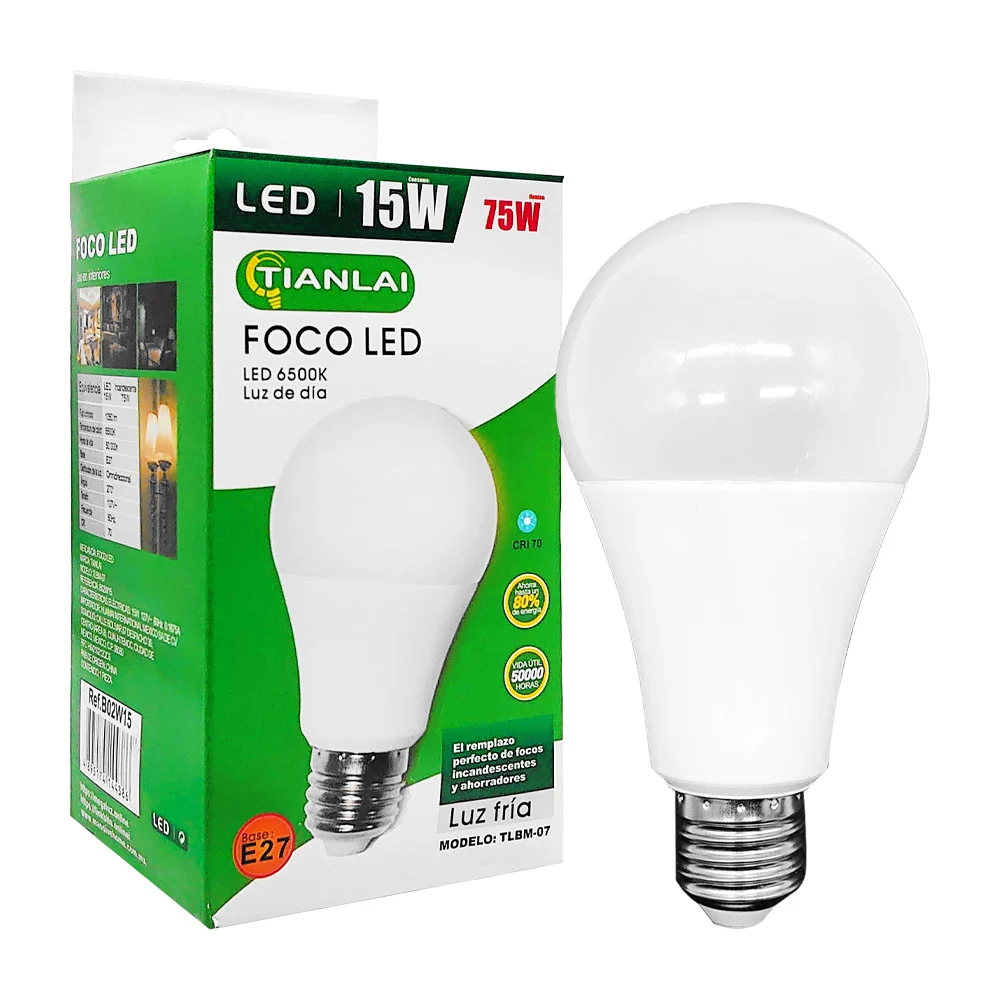 Foco led tianlai de luz fría con consumo de 15 watts, iluminación de 75w, e27, 1200lm, 6500k / tlbm-07 / tlbv-24 / b02w15 / b03w15