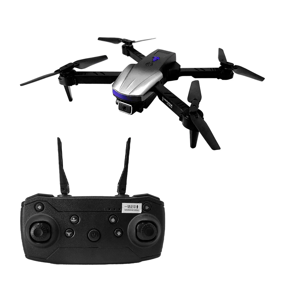 Dron plegable de 4 hélices a control remoto con logo de flama, cámara, accesorios y estuche negro / toy935