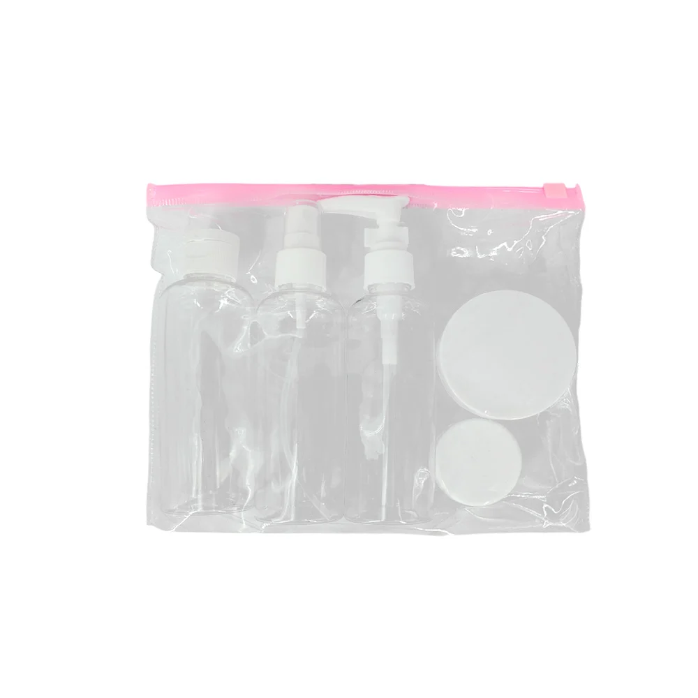 Set estuche de viaje con 3 botellas atomizadores y 2 frascos redondos de plástico / tp-10