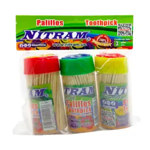 Blíster de 3 botes con palillos dentales de madera, con tapa de flor …