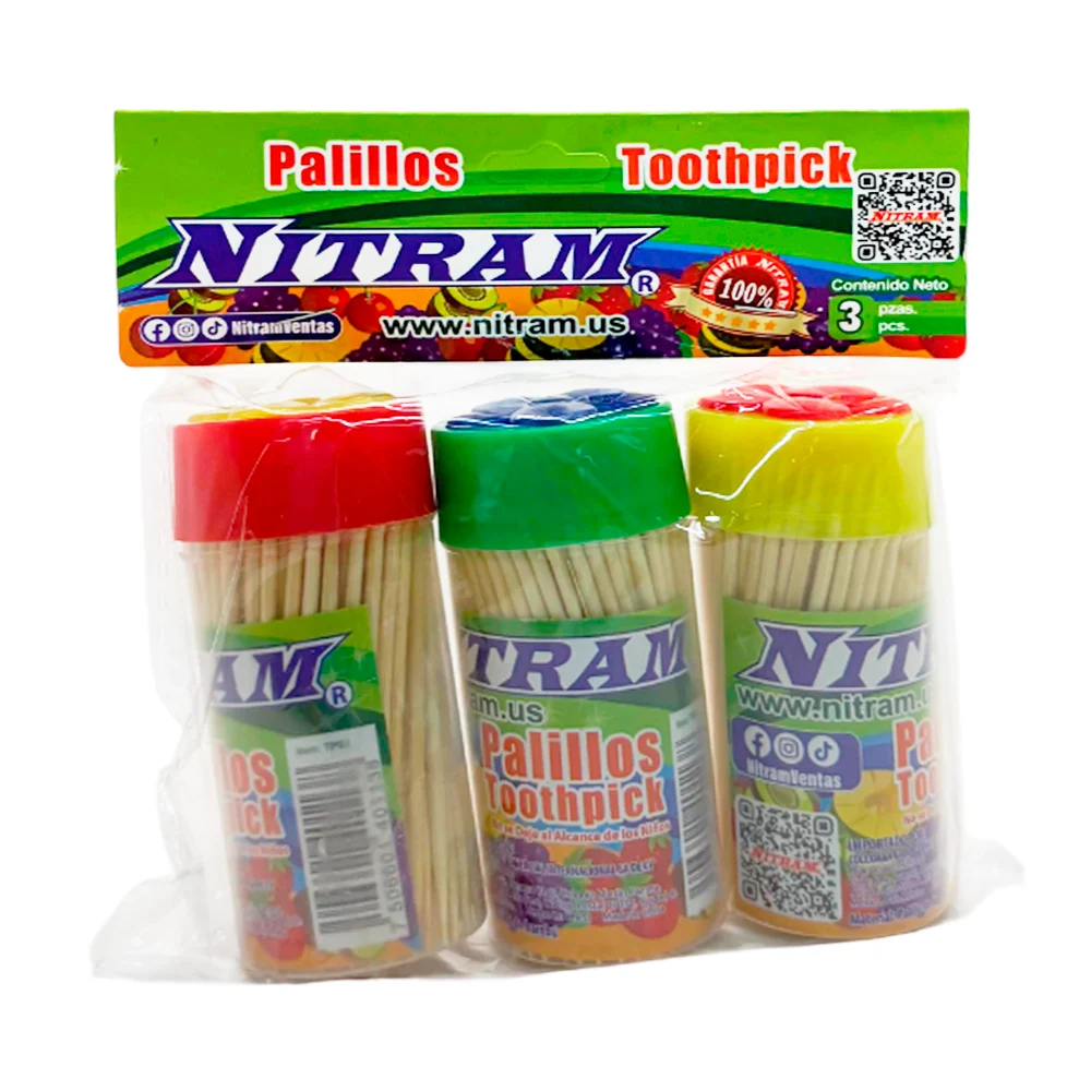 Blíster de 3 botes con palillos dentales de madera, con tapa de flor / nitram