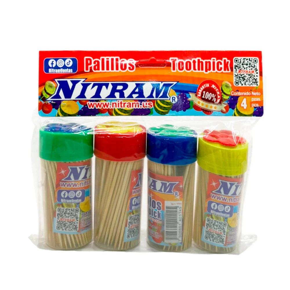Blíster de 4 botes con palillos dentales de madera, con tapa de flor / nitram
