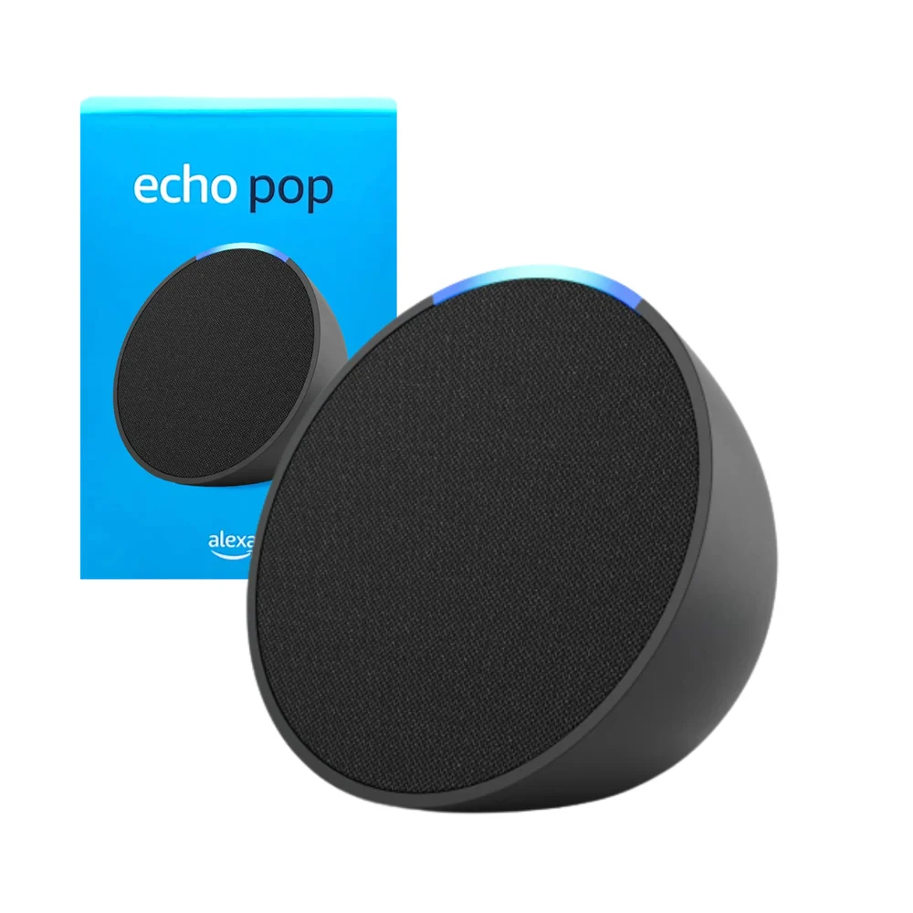 1pza Bocina inteligente echo pop con asistente de voz, iluminación led, botones de reproducción y sonido unidireccional, variedad de funciones, color negra / amazon / alexa / trk-1594