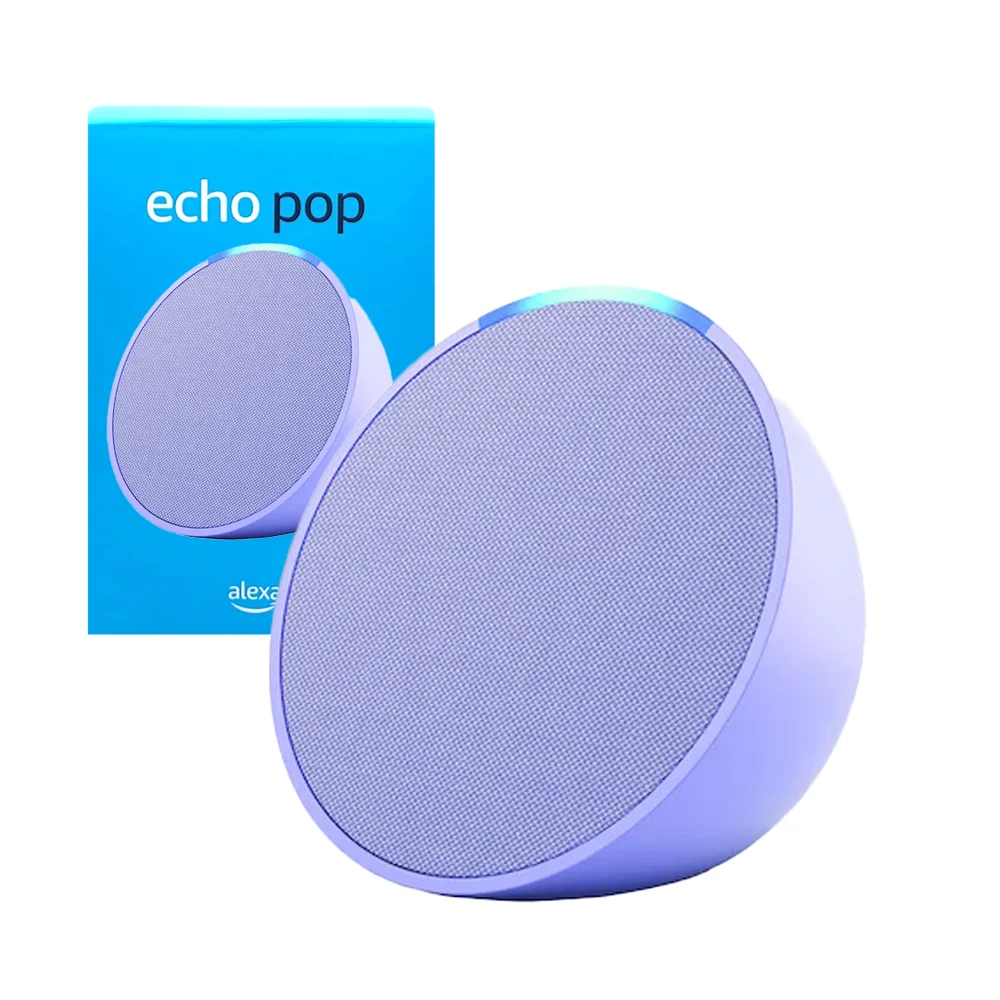 1pza Bocina inteligente echo pop con asistente de voz, iluminación led, botones de reproducción y sonido unidireccional, variedad de funciones, color lavanda / amazon / alexa / trk-6027