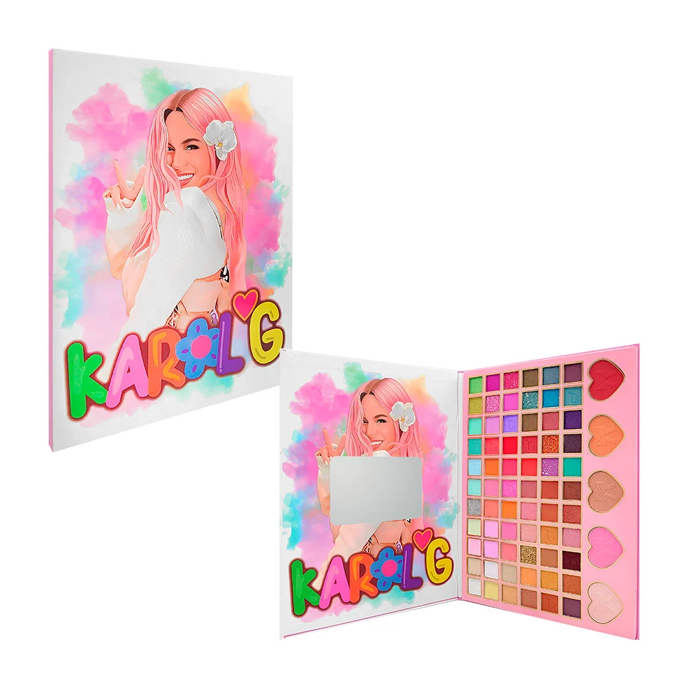 Paleta de maquillaje, 66 tonos de sombras para ojos en tonos con terminación matte, glitter e intensos, 3 iluminadores y 2 rubores en forma de corazón, con estampado de karol g / ts-975