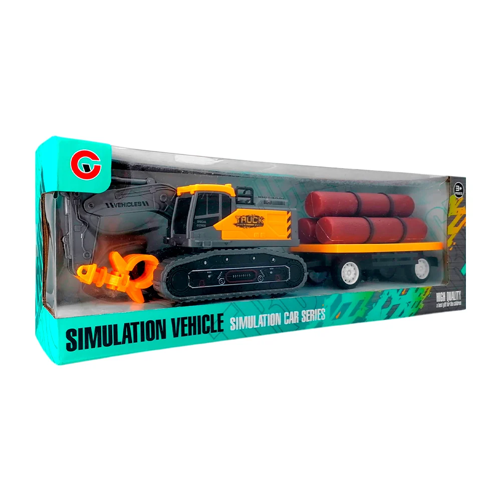 Carro tractor de construcción tipo excavadora con cadena + vagón de carga y troncos de juguete / simulation vehicle / ts67588