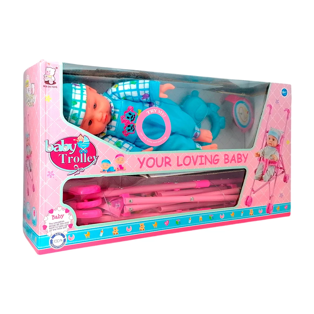 Bebé con sonido + mini carriola metálica, variedad de colores / 880c