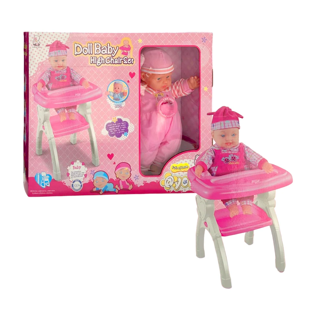 Set muñeca bebé con sonido, sillita alta de 32x32x44cm y accesorios tipo comida, variedad de colores / doll baby high chair set / ts75630