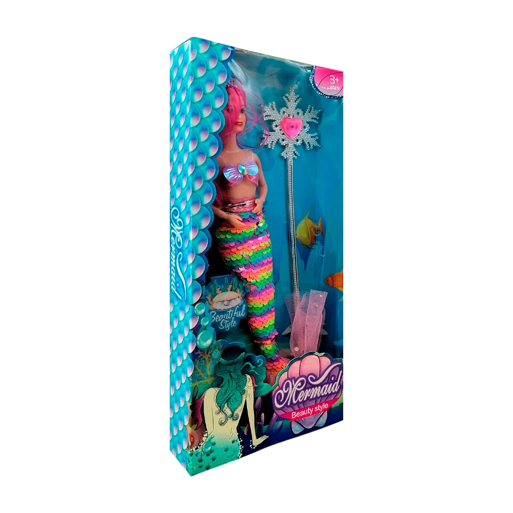 Muñeca de sirena con cola de lentejuela, cabello del tono de la cola y cetro en forma de copo de nieve en tono plateado, variedad de colores / 822 mermaid