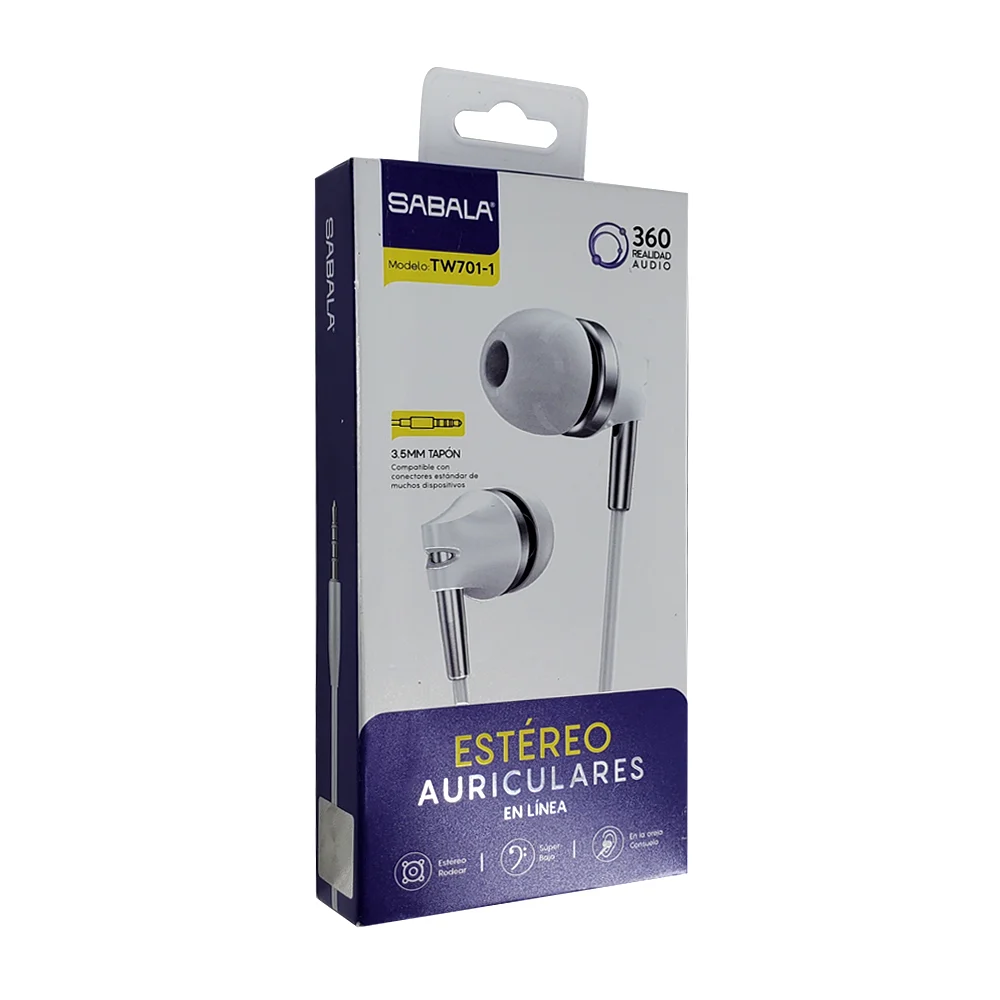 Audífonos alámbricos sabala con almohadillas de silicona, entrada jack 3.5 mm y detalles en color metálico / tw701