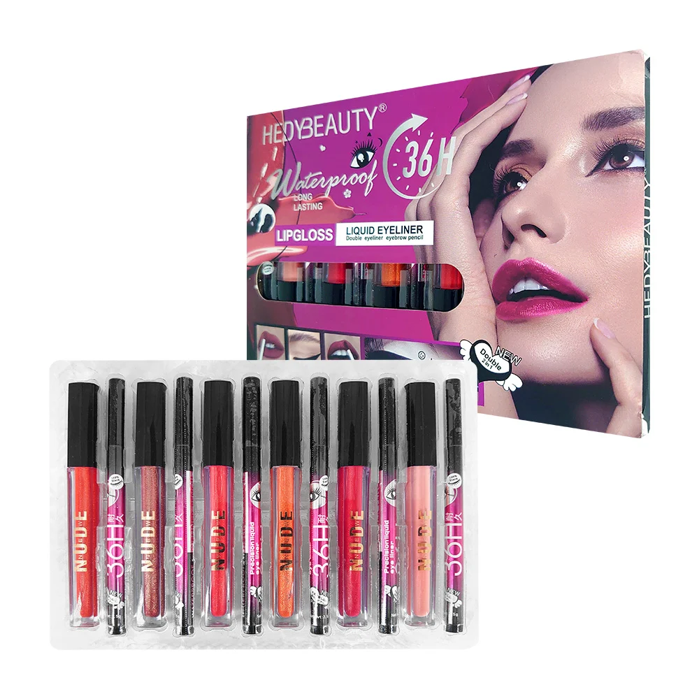 Paquete de brillos labiales nude y 6 delineadores de ojos de 36h con larga duración / 625e-002