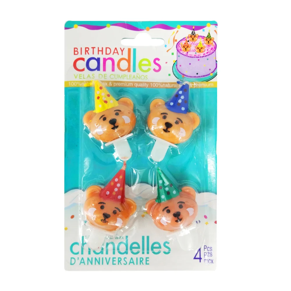 Paquete 4 velas birthday candles diseño forma de oso con sombrero de cumpleaños, variedad de colores / bt-v1382