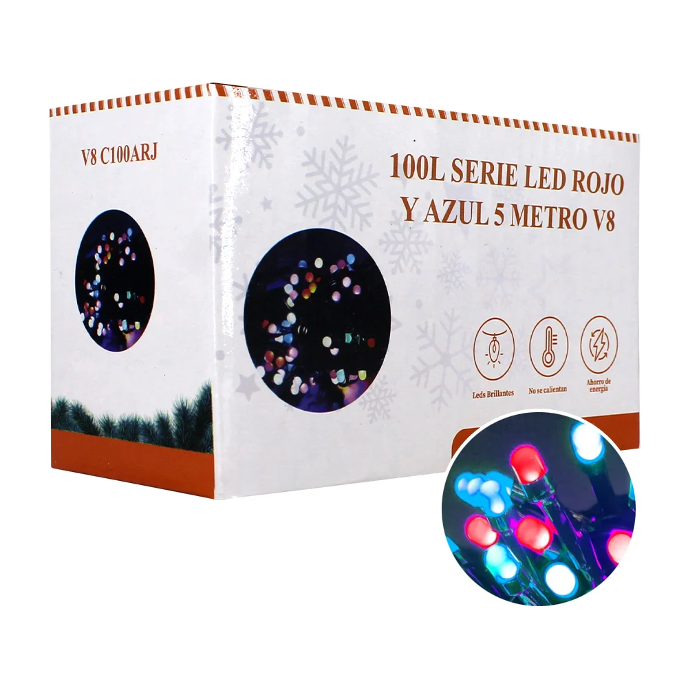 Serie de cable verde, 5 metros con 100 luces led en color azul y rojo / v8-c100arj