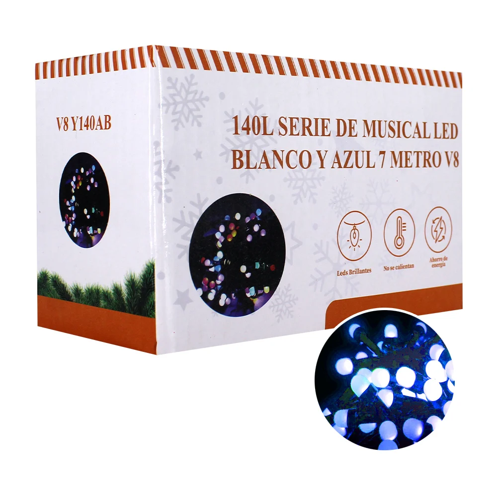 Serie mágica musical, 7 metros con 140 luces de color blanco y azul / v8-y140ab