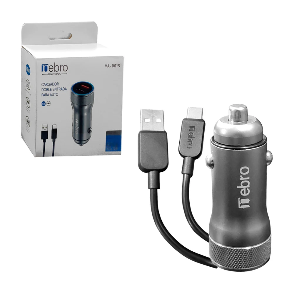 Cargador de doble entrada usb y type c de 50w para auto / va-001s