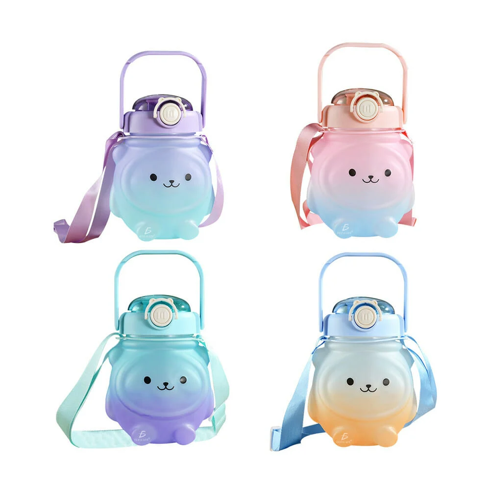 Botella cantimplora con diseño de oso kawaii, asa tipo soporte para teléfono celular y correa, variedad de colores