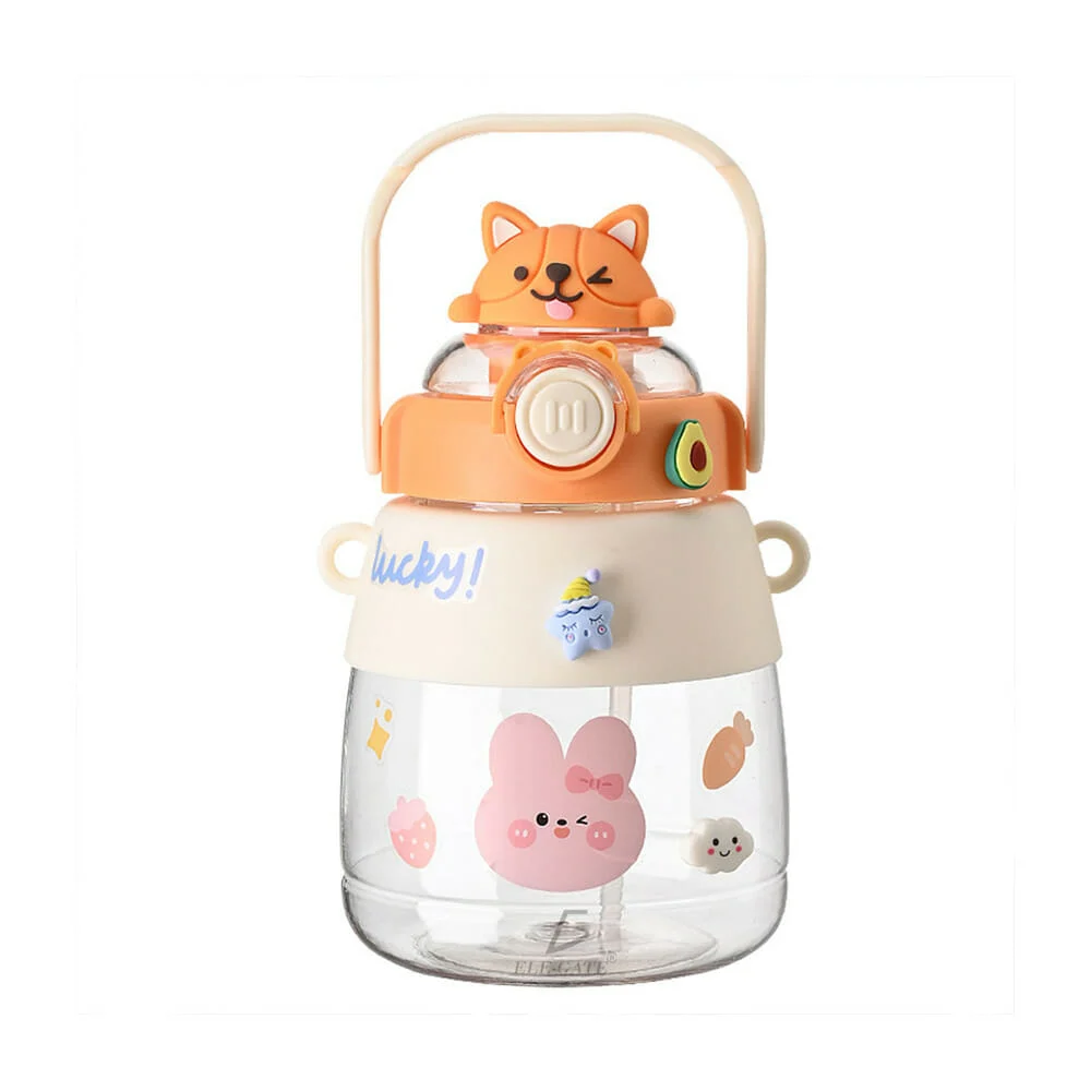 Botella cantimplora, con tapa de diseño de animales, broche de seguridad, popote, asa, correa y stickers decorativos, variedad de diseños
