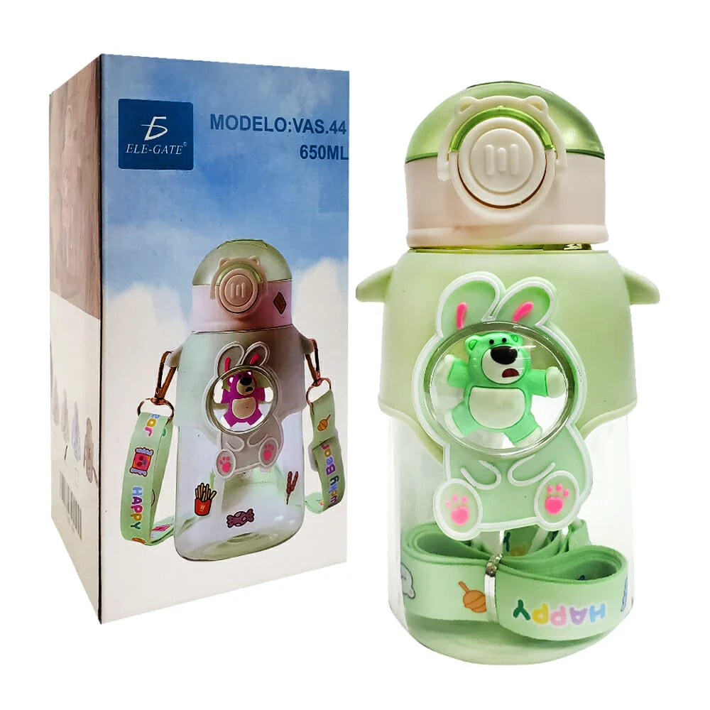 Botella transparente con diseño de animales, correa y stickers decorativos 650ml